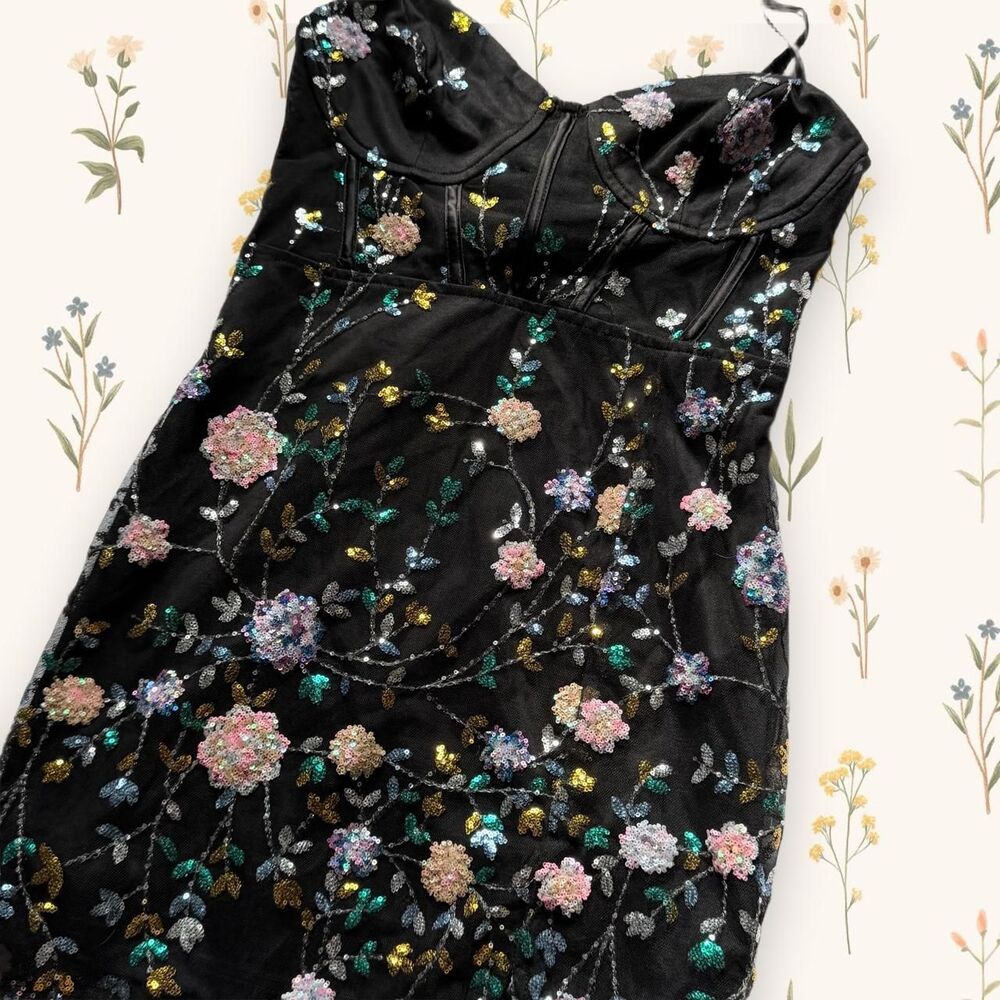 Lulus Shimmering Beauty Black Mesh Sequin Floral Bustier Corset Mini Dress XS